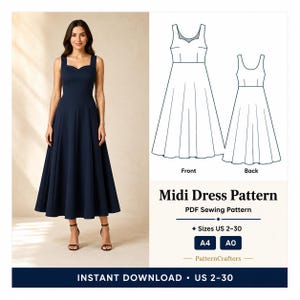May include: A navy blue midi dress with a sweetheart neckline and a flared skirt. The image also includes a diagram of the dress pattern, labeled "Midi Dress Pattern" and "PDF Sewing Pattern". Sizes US 2-30 are available.