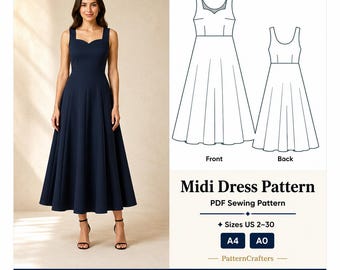 Patrón de costura para vestido midi de lino, vestido midi con escote corazón, corpiño con pinzas y falda fluida para mujer (descarga digital en PDF), tallas estadounidenses 2-30.
