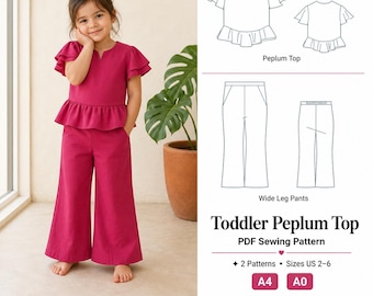 Kids Peplum Top & Wide Leg Pants Sewing Pattern, Flutter Sleeve Ruffle Blouse, Easy Toddler Pattern, PDF Digital Download, Sizes 2Y-6Y