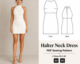 Patrón de costura para minivestido con cuello halter, cintura alta, cuello mao y botones en la espalda, para mujer. Descarga digital en PDF. Tallas de EE. UU.: 2-30.