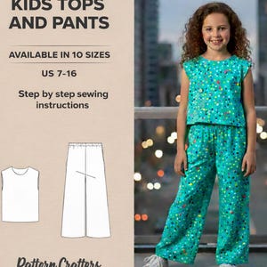 Op de afbeelding: Een turquoise kinder top en broek set met een kleurrijk stippenpatroon. De afbeelding bevat een digitaal PDF naaipatroon voor kinder tops en broeken, verkrijgbaar in 10 maten, US maten 7-16. De tekst luidt "Stapsgewijze naaiaanwijzingen."