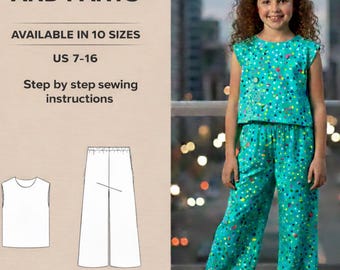 Patrón de costura para top de lino y pantalón ancho para niños / Pantalón con cintura elástica y bolsillos / Patrón digital en PDF / Apto para principiantes / Tallas 7-16 (EE. UU.)