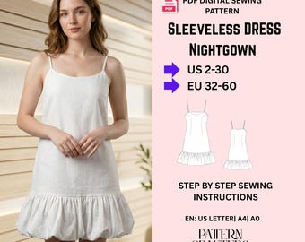 ノースリーブストラップナイトガウンの縫製パターンPDF | フリル裾パジャマドレス | 簡単な女性用パジャマパターンデジタルダウンロード