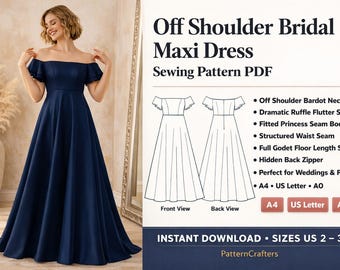 Patrón de costura para vestido de novia con hombros descubiertos, vestido de novia con mangas acampanadas, patrón para vestido de noche, descarga digital en PDF, tallas de EE. UU. 2-30 XS-4XL