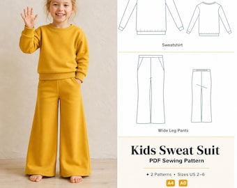 Patrón de costura en PDF para chándal infantil, conjunto de pantalón acampanado y sudadera de cuello redondo, ideal para niñas y niños. Descarga instantánea. Tallas: 2-6 años.