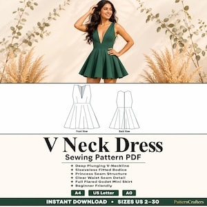 May include: A woman wearing a green V-neck mini dress. The dress has a deep plunging neckline and a flared skirt. The image also includes a sewing pattern PDF with features like a sleeveless fitted bodice and a clear waist seam detail. The text reads "V Neck Dress Sewing Pattern PDF".