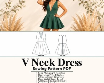 V-Neck Mini Dress Sewing Pattern, Sleeveless Plunge Fit Flare, Instant Download Women Pattern, PDF Digital Download, Sizes XS-4XL US 2-30