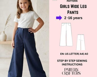 Patrón de costura para pantalones anchos de niña: estilo palazzo, cintura parcialmente elástica, cremallera, botón y bolsillos (patrón en PDF, tallas 2–16).