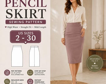 Patrón de costura para falda lápiz, falda recta de talle alto en PDF, patrón midi formal para oficina, descarga instantánea, tallas de EE. UU. 2-30