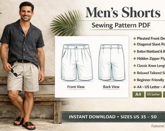 Men's Shorts Sewing Pattern, Tailored Chino Shorts with Zipper Fly PDF, Instant Download Men Pattern, Digital Download, Sizes XS–5XL