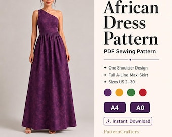 One Shoulder African Maxi Dress Sewing Pattern, Princess Seam Gathered Skirt, Elegant Women Pattern, PDF Digital Download, Sizes US 2-30