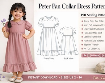 Girls Peter Pan Collar Dress Sewing Pattern, Gathered Ruffle Hem, Easy Kids Dress Pattern, PDF Digital Download, Sizes Age 2-16 Years