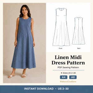 Linen Midi Sundress Sewing Pattern, Sleeveless Jewel Neck Summer Dress, Women Sewing Pattern PDF Digital Download, Sizes US 2-30