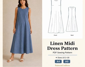 Patrón de costura para vestido midi acampanado, vestido de verano sin mangas con cuello joya, patrón de costura para mujer en formato PDF para descarga digital, tallas de EE. UU. 2-30.
