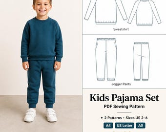 Patrón de costura para conjunto de pijama infantil, top raglán y pantalón deportivo, apto para principiantes, descarga digital en PDF, tallas de 2 a 6 años.