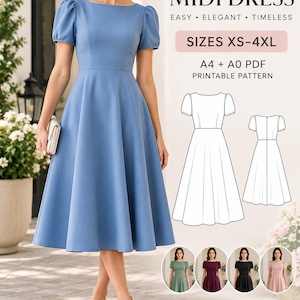 May include: A sewing pattern for a boat neck midi dress with short puff sleeves and a flared skirt. The image includes text: Digital Download, Sewing Pattern, Boat Neck Midi Dress, Sizes XS-4XL, A4 + A0 PDF Printable Pattern, Instant Download.