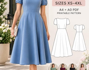 Boat Neck Midi Dress Sewing Pattern, Circle Flared Skirt, Easy Evening Cocktail Prom Dress Pattern, PDF Digital Download, Sizes XS-4XL
