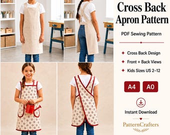 Patrón de costura en PDF para delantal cruzado infantil / Tallas 2-12 / Original y reversible / Delantal cruzado fácil de hacer para niños y niñas / Descarga instantánea