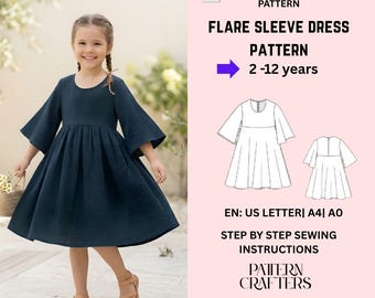 Patrón de costura para vestido de niña con mangas acampanadas, vestido infantil de cintura imperio con mangas campana, descarga digital en PDF, tallas de 2 a 12 años.