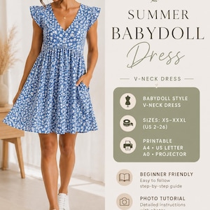 Summer Dress Sewing Pattern PDF, V Neck Floral Sundress, Beginner Sewing Pattern, Empire Waist Dress, Flutter Sleeve, XS to 3XL Plus Size