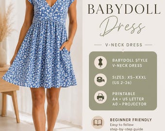 Patrón de costura en PDF para vestido de verano, vestido floral con escote en V, patrón para principiantes, vestido de corte imperio, mangas con volantes, tallas XS a 3XL (tallas grandes).