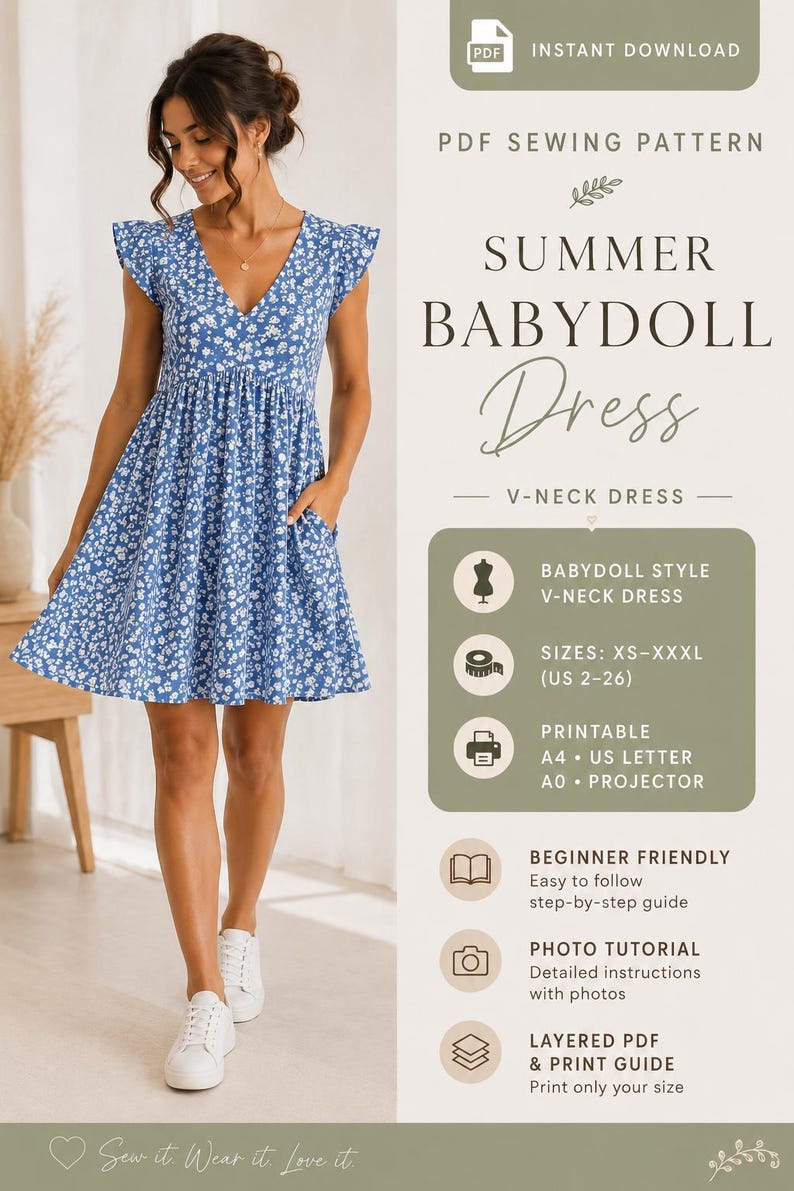 Young woman wearing a sage green floral babydoll dress with puff sleeves and V-neckline, posing in a bright neutral-toned room, PDF sewing pattern inspiration for a summer dress.