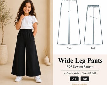 Patrón de costura para pantalones de pierna ancha, cintura elástica con bolsillos, patrón en PDF para niñas, descarga instantánea, tallas de 2 a 12 años, ideal para principiantes.