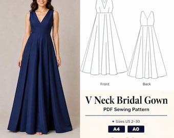 V-Neck Bridal Gown Sewing Pattern, Sleeveless Flared Maxi Dress, Wedding Dress Women Pattern, PDF Digital Download, Sizes US 2-30