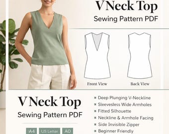 V Neck Top Sewing Pattern, Sleeveless Fitted Blouse, Easy Women Pattern, PDF Digital Download, Sizes US 2-30