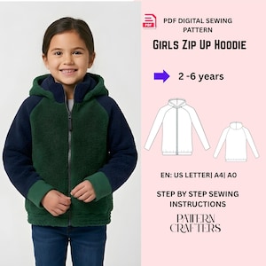 May include: A child wearing a green, navy, and grey zip-up hoodie. The image includes a PDF digital sewing pattern for a girls zip-up hoodie, with instructions for ages 2-6 years.