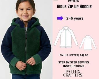 Girls Zip Up Hoodie Sewing Pattern PDF, Raglan Sleeve Sweatshirt Jacket, Toddler Children Sizes 2 3 4 5 6