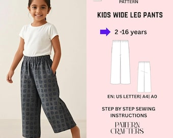 Wide Leg Pants Sewing Pattern: Kids Elastic Waist Trousers, In-Seam Pockets (PDF Pattern)
