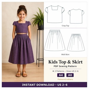 May include: A girl in a purple crop top and midi skirt. The image includes a PDF sewing pattern for a kids' top and skirt, sizes US 2-6. The text on the image reads "Kids Top & Skirt" and "Instant Download". The pattern includes A4 and A0 sizes.