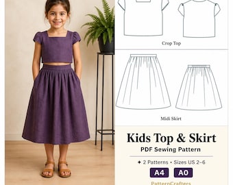 Conjunto de patrones de costura para top y falda de lino, top con cuello cuadrado y mangas abullonadas, falda fruncida, descarga digital en PDF para niños, tallas de 2 a 6 años.
