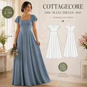 Può includere: Un abito lungo color blu polvere con scollo quadrato e maniche a volant. L'immagine include il testo COTTAGECORE MAXI DRESS SEWING PATTERN, SIZES 2-30 e INSTANT DOWNLOAD, insieme a un disegno tecnico che mostra le viste anteriore e posteriore.