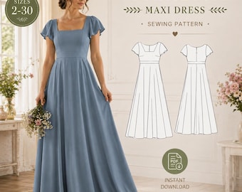 Cottagecore Maxi Dress Sewing Pattern, Square Neck Flutter Sleeve Vintage Bridesmaid Dress Pattern, PDF Digital Download, Sizes 2-30