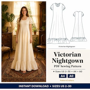 May include: A cream-coloured Victorian nightgown with short sleeves and a ruffled hem is shown on a woman. The image includes a line drawing of the nightgown and text that reads "Victorian Nightgown PDF Sewing Pattern" and "Sizes US 2-30".