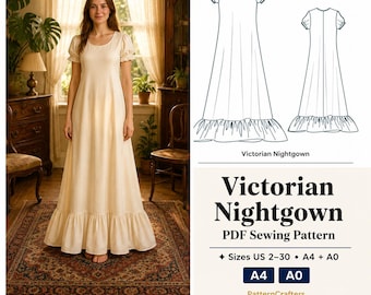 Patrón de costura para camisón victoriano, vestido camisero con volantes y mangas obispo, descarga digital en PDF para mujer, tallas US 2-30 XS-4XL. Descarga instantánea.