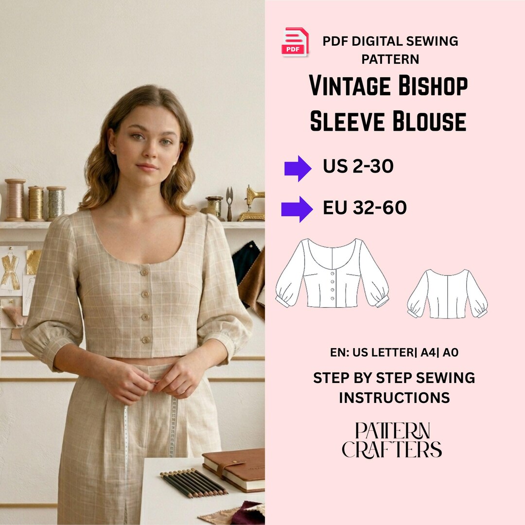 Vintage Bishop Sleeve Blouse Sewing Pattern PDF | Scoop Neck Button ...