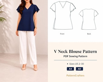 Patrón de costura para blusa con cuello en V, mangas con volantes, corte holgado, fácil de usar, para mujer, descarga digital en PDF, tallas de EE. UU. 2-30.