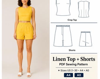Patrón de costura para top y shorts de lino / Conjunto de top ajustado sin mangas y shorts con cintura elástica / Descarga digital en PDF para mujer / Tallas US 2-30 / XS-4XL