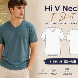 Könnte beinhalten: Ein blaugrünes T-Shirt mit V-Ausschnitt und umgeschlagenen kurzen Ärmeln. Das Bild enthält eine technische Strichzeichnung der Vorder- und Rückseite des Shirts mit dem Text Hi V Neck T-Shirt, Cuffed Short Sleeve, SIZES US 35-68 und PDF-Symbolen.