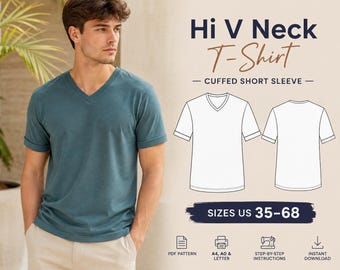 Hi V Neck Men's T-Shirt Sewing Pattern, T-Shirt Pattern for Men, T-Shirt Sewing Pattern, Men's Sewing Pattern, Men Size 35 to 68, S to 4XL