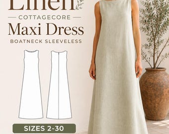Patrón de costura en PDF para vestido largo de lino estilo cottagecore, vestido sin mangas con escote barco para mujer, descarga digital para hacer tú mismo, tallas 2-30.