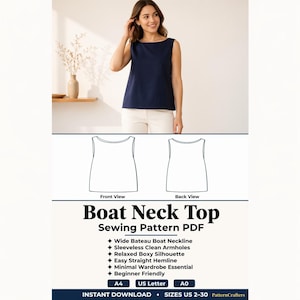 Może przedstawiać: Granatowy top z dekoltem w łódkę o luźnej, pudełkowej sylwetce. Obraz zawiera również schemat wykroju i tekst "Boat Neck Top Sewing Pattern PDF". Wzór jest przyjazny dla początkujących i dostępny w rozmiarach PL 32-56.