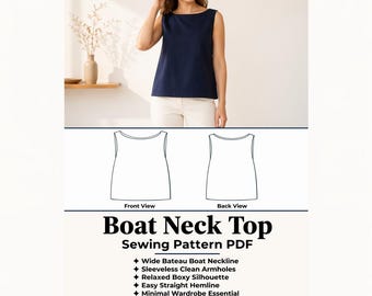 Patrón de costura para blusa de cuello barco, blusa de lino sin mangas, patrón fácil para principiantes, para mujer, descarga digital en PDF, tallas XS-5XL