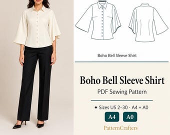 Women Boho Relaxed Fit shirt Sewing Pattern, Bell Sleeve, Linen Shirt, Women Shirt PDF Download, Sizes XS–4XL / US 2–30