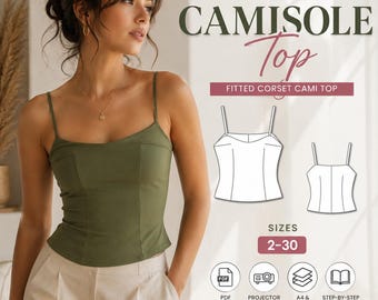 Camisole Top Sewing Pattern, Fitted Corset Cami with Darts, Sleeveless Women's Top PDF Pattern, Instant Download, Sizes 2-30