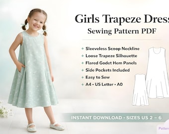 Patrón de costura para vestido trapecio para niñas, vestido tipo tienda de campaña sin mangas con bolsillos, patrón fácil para niños, descarga digital en PDF, tallas 2-6
