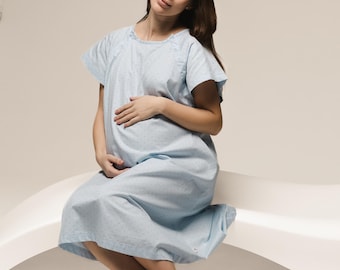 Blue maternity gown, hospital labor and delivery dress, soft cotton nursing nightgown, first time mom gift